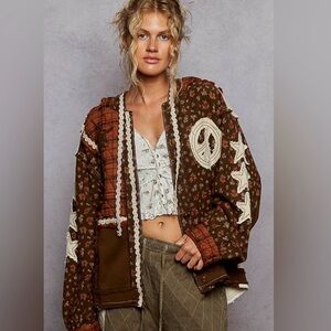 POL Brown and Cream Patchwork Bomber Jacket NWOT